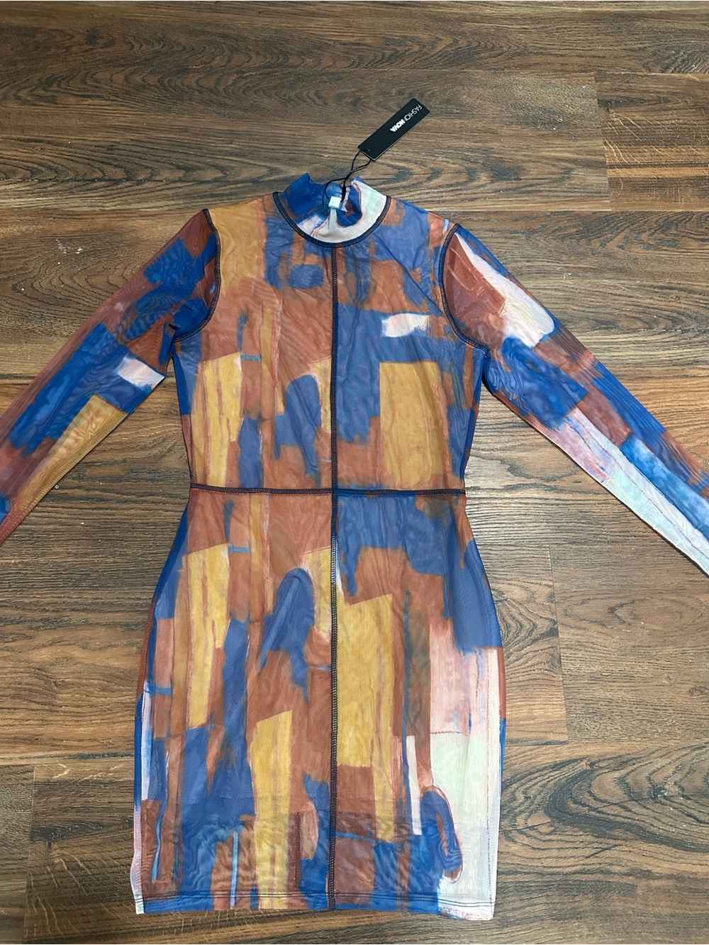 Fashion Nova Abstract Brushstroke Long Sleeve Mini Dress in Blue and Brown - Picture 2 of 3